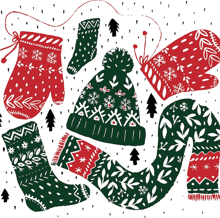 Las pancartas de Navidad, las medias de Navidad y el disfraz de Papá Noel.