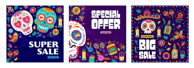 Pancartas vectoriales de venta navideña del Día de los Muertos o del Día de los Muertos en México para oferta especial Venta flash y banner de promoción de oferta especial para la tienda en el día de fiesta del Día de los Muertos con adorno de calaveras