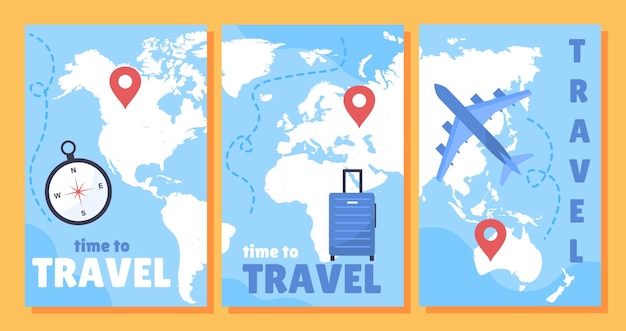 Las pancartas de viajes ponen el avión en el fondo del mapa del mundo viaje y vuelos turismo internacional