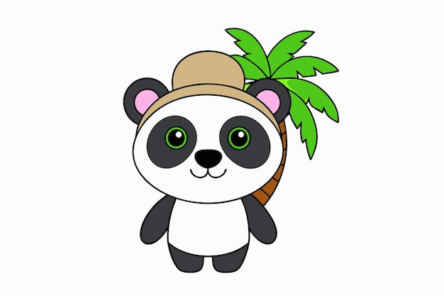Panda del árbol de palma Panda adorable con ilustración vectorial del sombrero del árbol de palmera para diseño gráfico imprimible