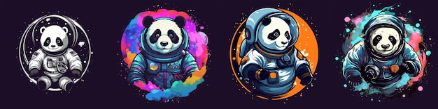 Panda astronauta sobre un fondo oscuro Ilustración vectorial de dibujos animados