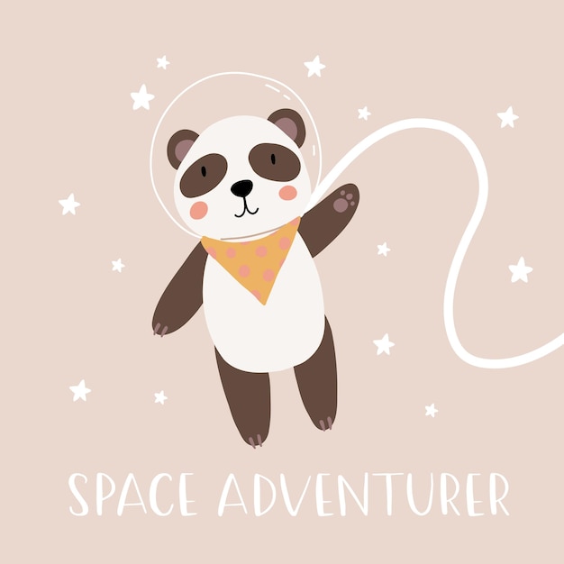 Panda de aventura espacial Oso de dibujos animados dibujo a mano elementos de decoración de letras Ilustración de vector pastel para niños Diseño de bebé de estilo plano escandinavo para tarjetas carteles camiseta impresión