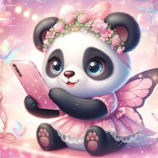 Vector un panda bonito con una corona de flores mira un teléfono celular