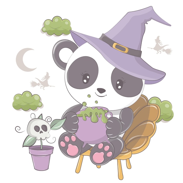 Panda de bruja de dibujos animados con calabaza. Ilustración vectorial de animales de Halloween.
