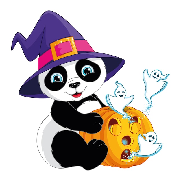 Panda con calabaza para halloween. Ilustración vectorial de dibujos animados