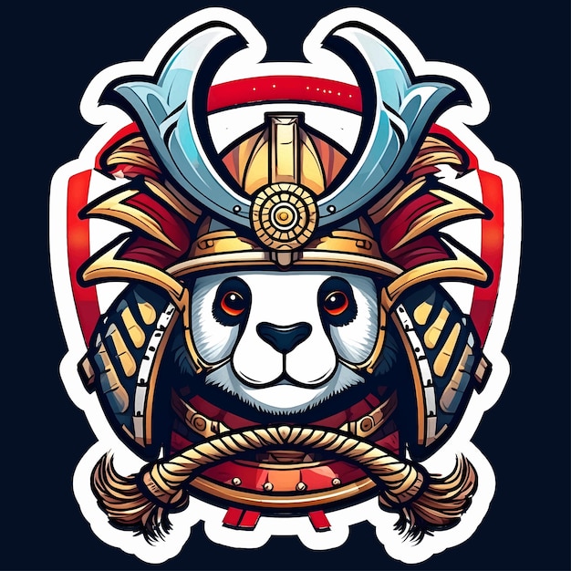 Panda con casco de samurai con ojos brillantes aislados en la espalda blanca