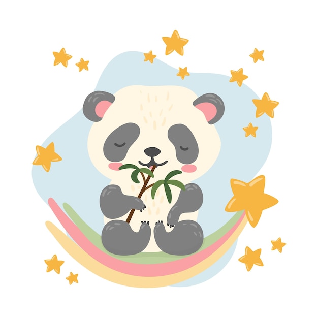 Panda comiendo bambú en un arcoíris Póster para las postales de la guardería imprimir ropa de niños baby shower