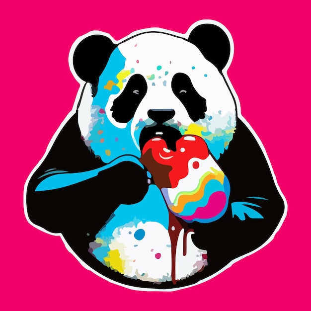 Un panda comiendo helado con un fondo rosa.