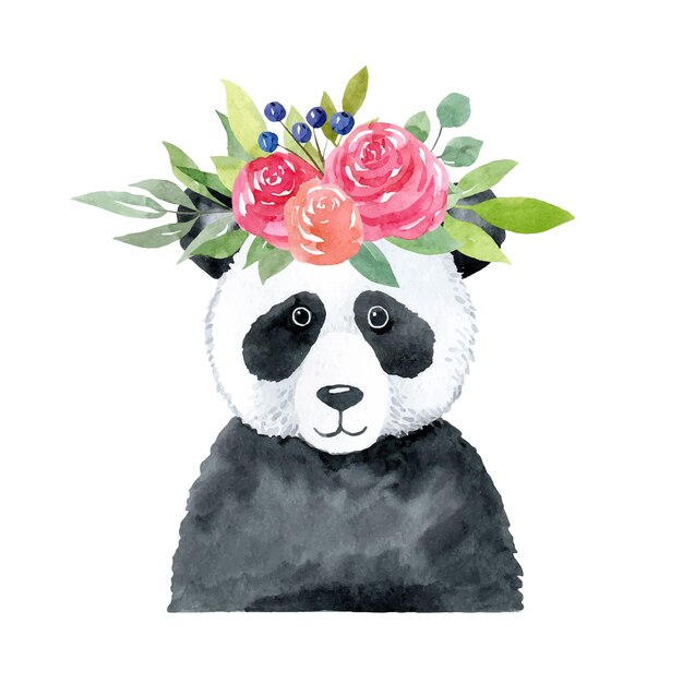 Panda con corona de flores ilustración acuarela aislado sobre fondo blanco lindo bebé oso panda