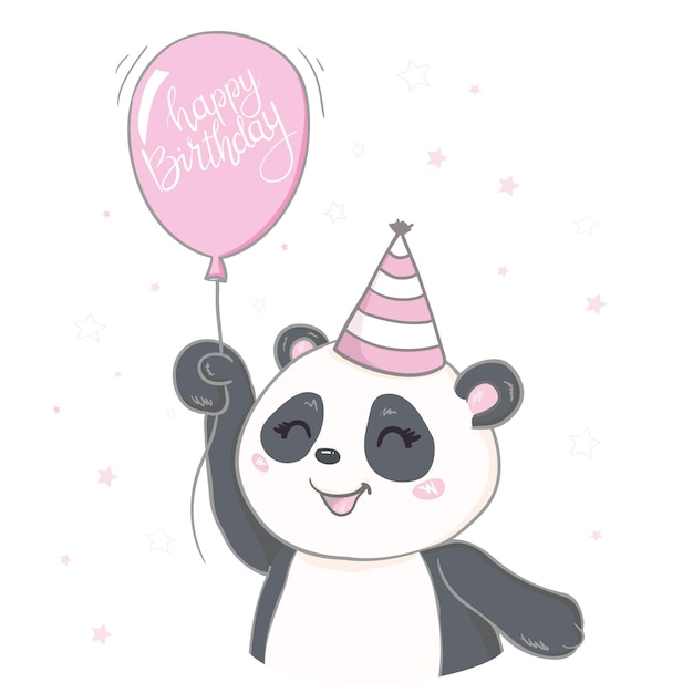 Panda de cumpleaños con caja de regalos y globo