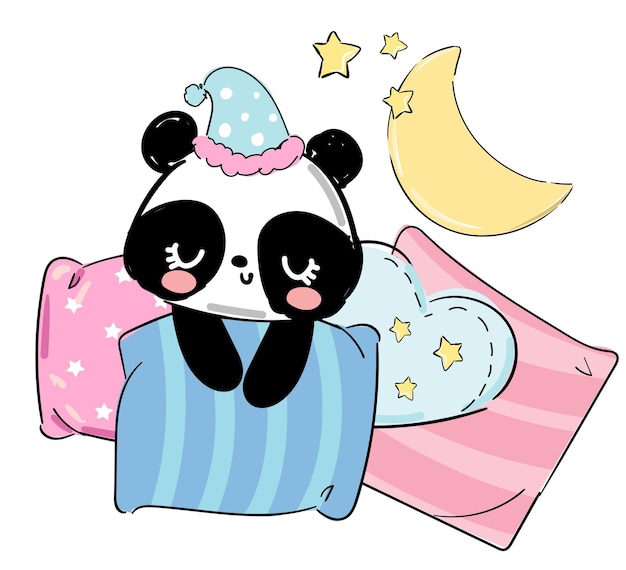 Vector panda dibujado a mano duerme en almohadas impresión infantil para pijamas ilustración vectorial