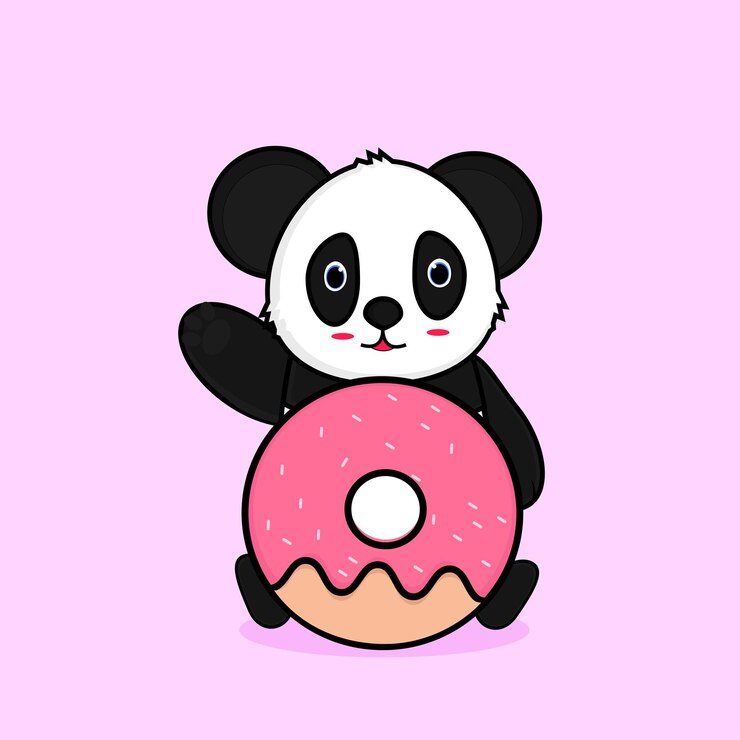 Panda de dibujos animados lindo sosteniendo un donut gigante dulce Animal, comida y bebida Icono de estilo plano de dibujos animados illus