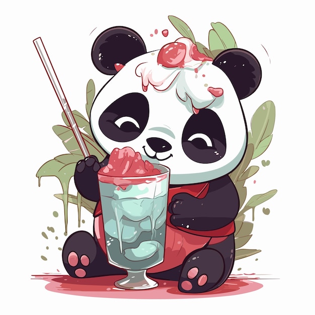 Un panda de dibujos animados con una pajita y un helado en la cabeza.