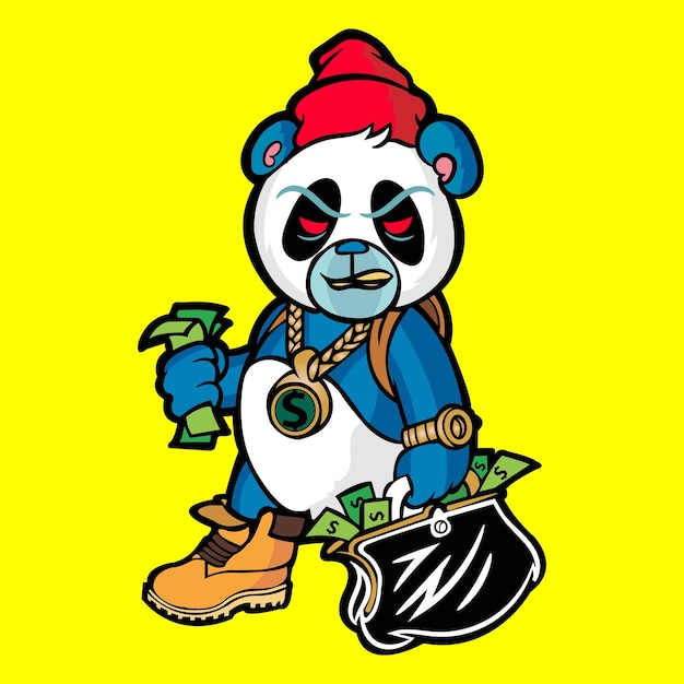 Un panda de dibujos animados con un sombrero rojo y un sombrero azul está parado junto a una bolsa de dinero.