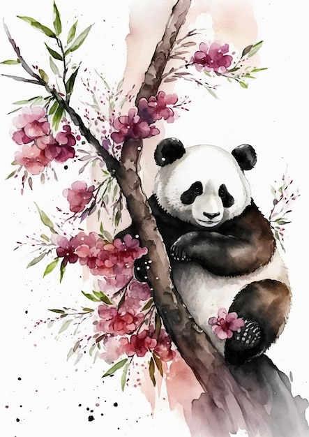 Vector panda en diseño floral del vector del estilo de la acuarela