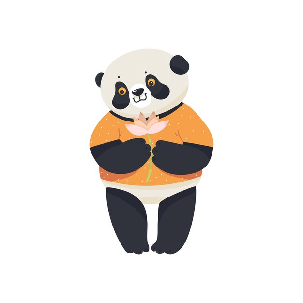 Panda divertido con ilustración de vector plano de loto