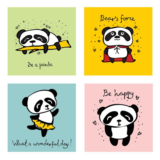 Panda doodle kid set Diseño simple de lindos pandas y otros elementos individuales perfectos para tarjetas de niños, carteles, calcomanías y otras cosas para niños en un estilo simple