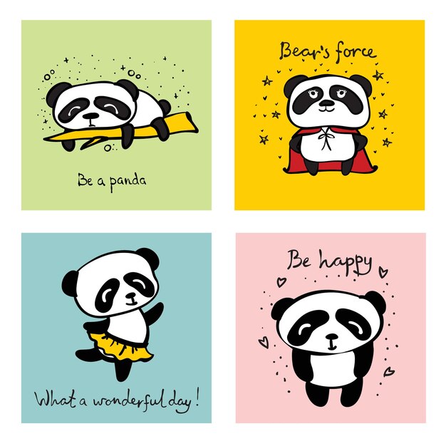 Panda doodle kid set diseño simple de lindos pandas y otros elementos individuales perfectos para tarjetas de niños, carteles, calcomanías y otras cosas para niños en un estilo simple