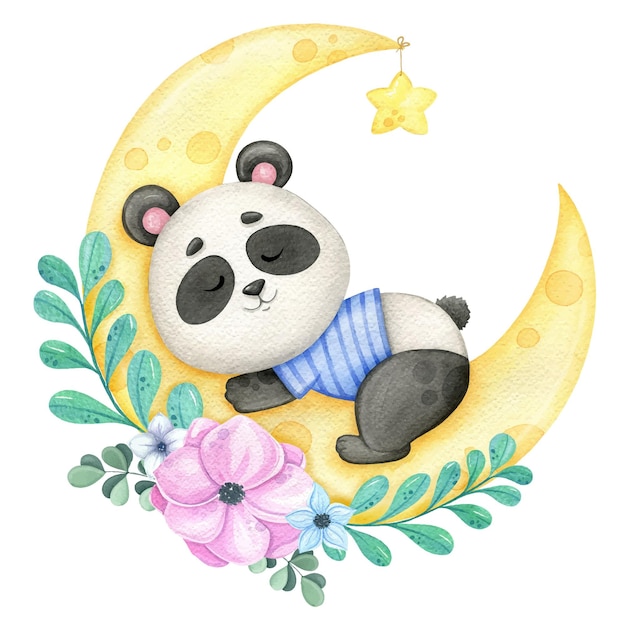 Panda durmiendo en la luna y una corona de flores.