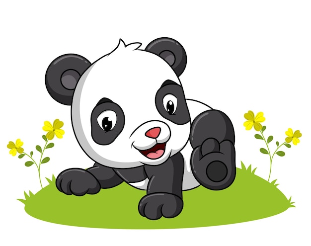 El panda feliz está jugando en el jardín de la ilustración.
