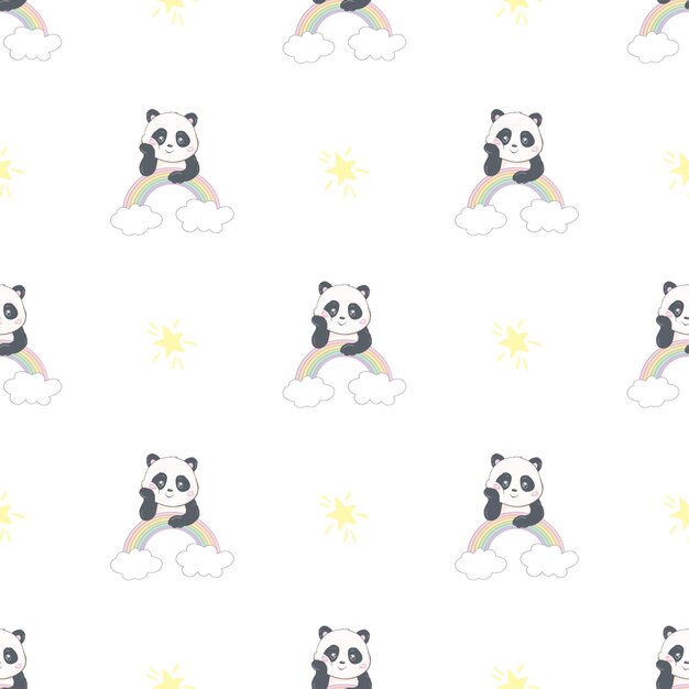 Un panda feliz y lindo volando en el cielo entre las nubes y las estrellas.