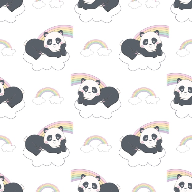 Un panda feliz y lindo volando en el cielo entre las nubes y las estrellas.