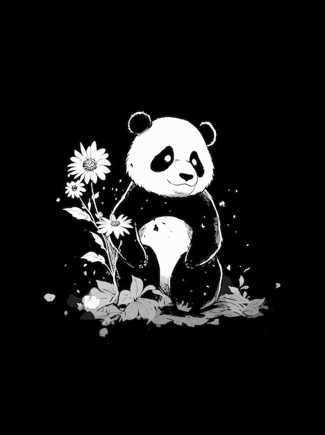 Vector un panda con una flor en la boca está de pie en un campo de flores