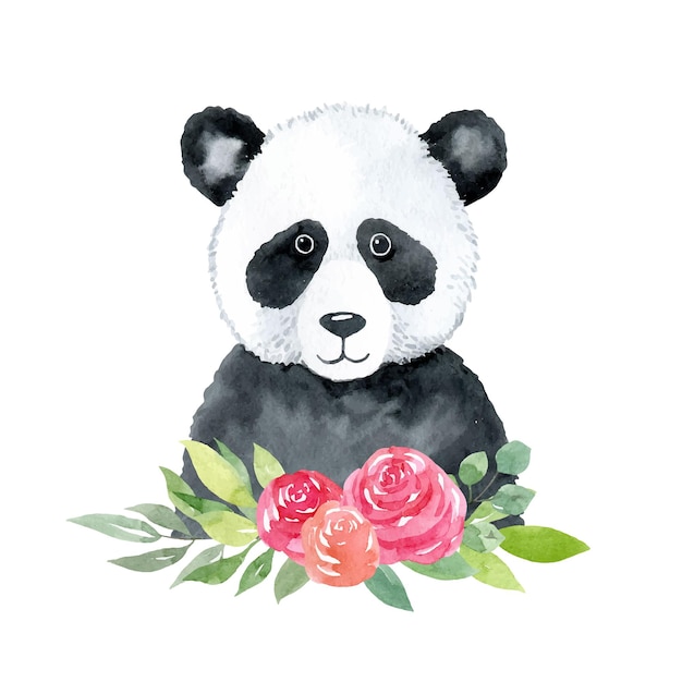 Panda con flores acuarela vector ilustración aislada sobre fondo blanco Lindo bebé oso panda