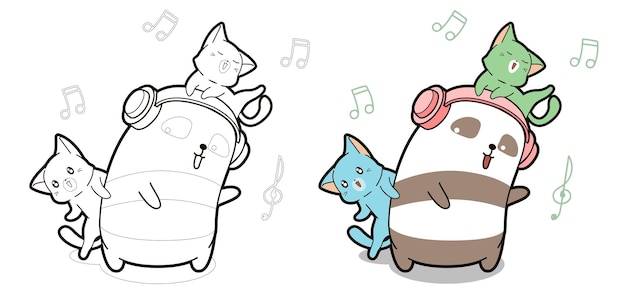 Panda y gatos están disfrutando de la página para colorear de dibujos animados de música para niños