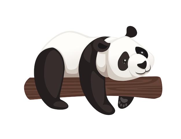 Panda grande lindo acostado en la ilustración de vector plano de diseño animal de dibujos animados de tronco de árbol
