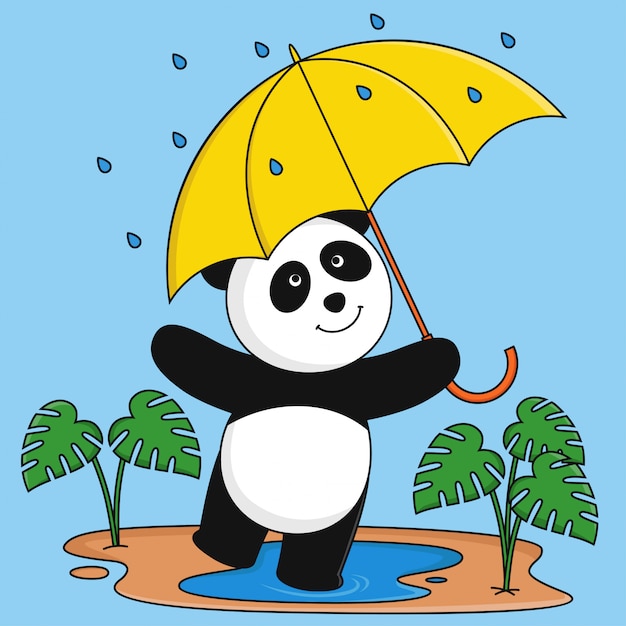 Panda jugando bajo la lluvia.