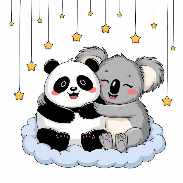 Panda y koala acurrucados en una nube bajo las estrellas