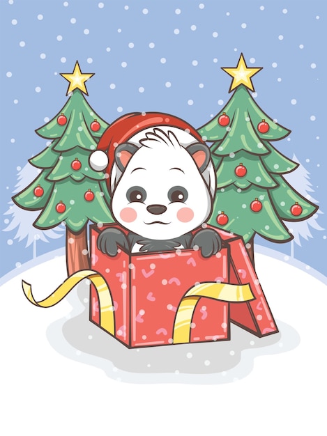 Panda lindo con una caja de regalo y un árbol de Navidad - ilustración de personaje de dibujos animados