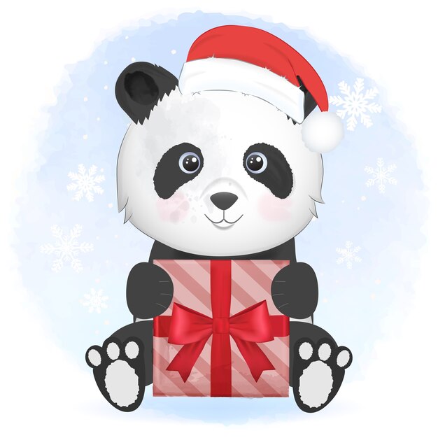 Panda lindo con caja de regalo en invierno y navidad ilustración.