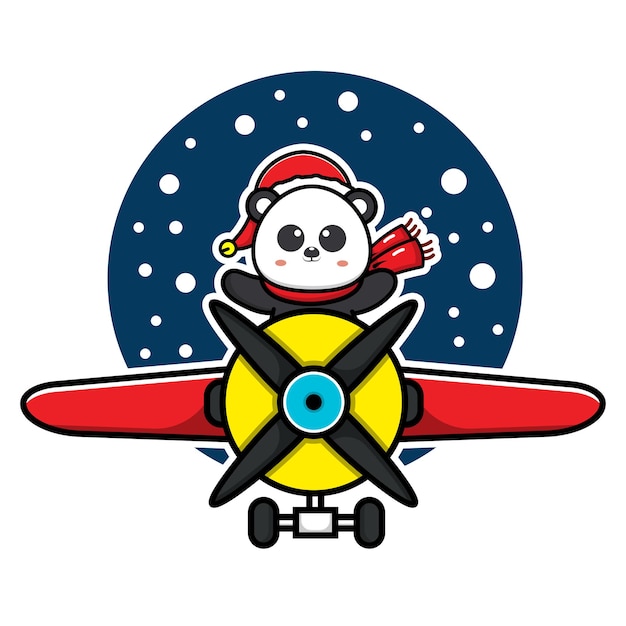 Panda lindo celebrando la Navidad con la ilustración de vector de avión