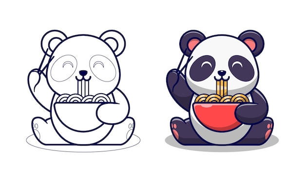 Panda lindo comiendo fideos ramen páginas para colorear de dibujos animados para niños