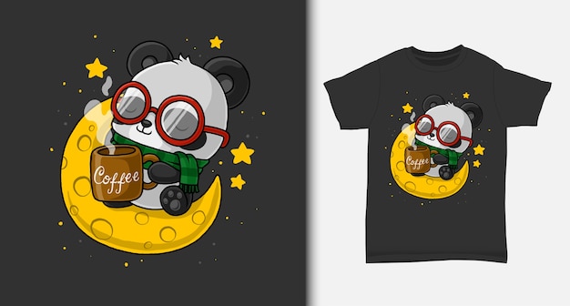 Vector panda lindo disfruta del café en la luna. con diseño de camiseta.