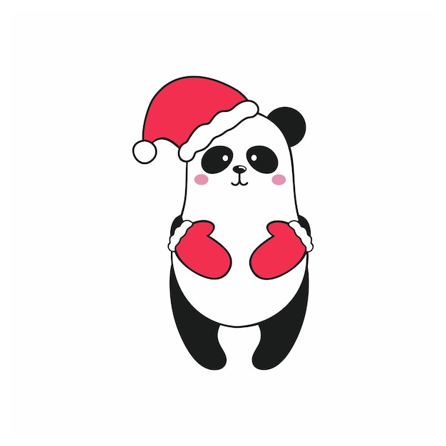 Panda lindo con gorro de papá noel y guantes rojos se encuentra aislado sobre fondo blanco. ilustración infantil de dibujos animados vectoriales para cómics, caritas sonrientes, adhesivos o logotipos. feliz año nuevo y feliz navidad.