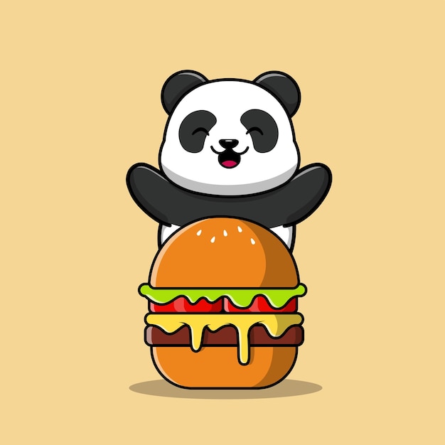 Panda lindo con ilustración de icono de vector de dibujos animados de hamburguesa