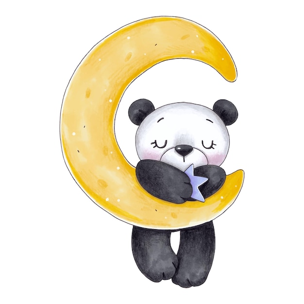 Panda lindo en la ilustración de la luna