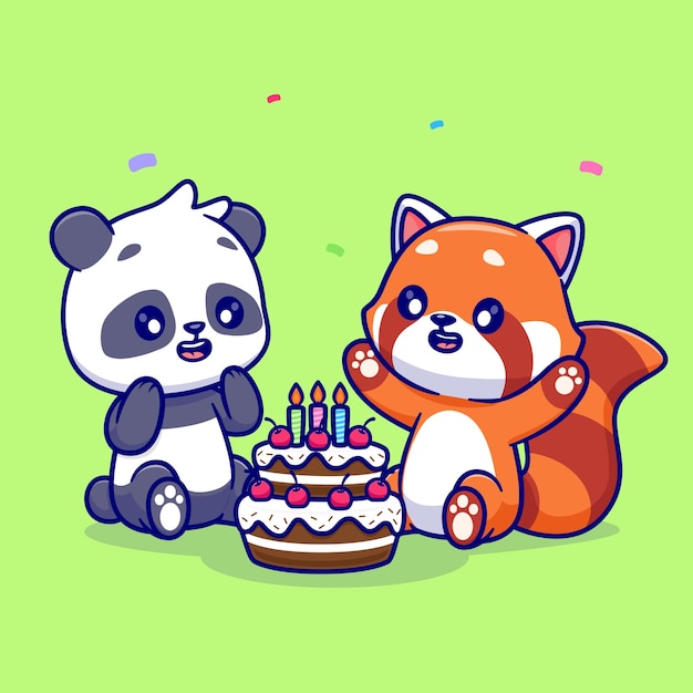 Vector panda lindo y panda rojo con pastel de cumpleaños dibujos animados vector icono ilustración comida animal aislada