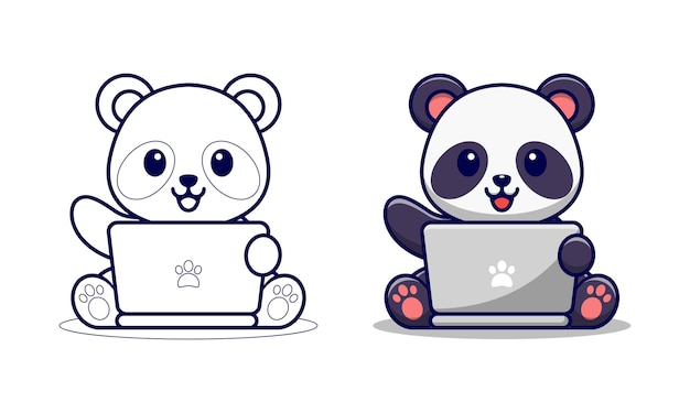 Panda lindo que juega la página para colorear de dibujos animados de la  computadora portátil para niños | Vector Premium