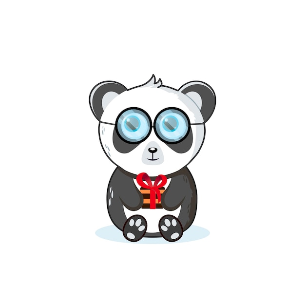 Panda lindo. sentado con un regalo. Ilustración de vector para niños aislado fondo blanco.