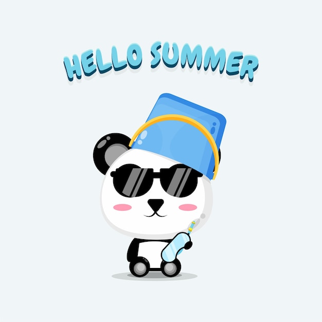 Panda lindo con un sombrero de cubo con saludos de verano