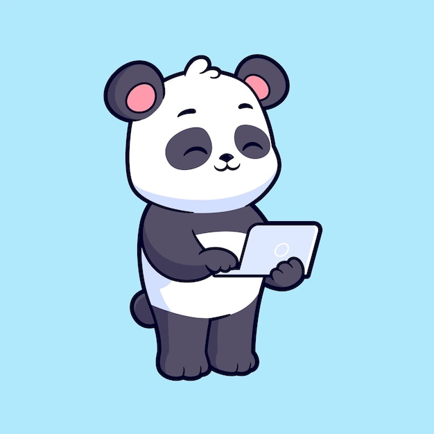 Panda lindo trabajando en un portátil de dibujos animados de ícono vectorial Ilustración de estilo plano logotipo de dibujus animados de animales mascota