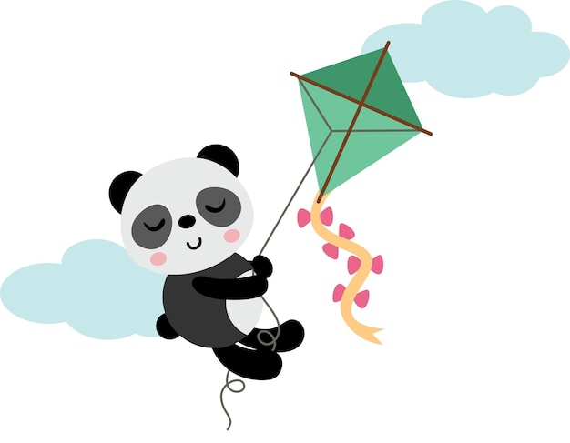 Un panda lindo volando con una cometa