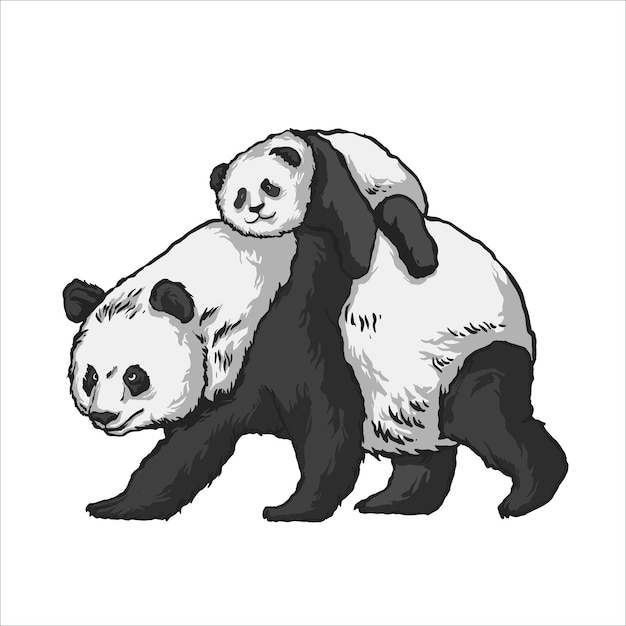 Panda mamá y su hijo a mano alzada natue vida silvestre animales vector dibujo ilustración