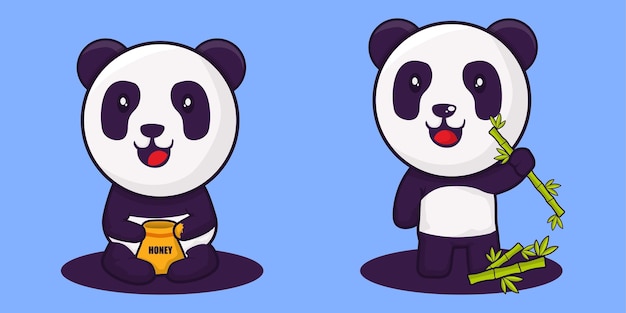 Panda con miel y bambbo ilustración.