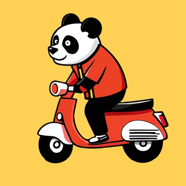 Vector panda monta un diseño de dibujos animados planos de motocicleta para animales lindos arte vectorial premium y simple