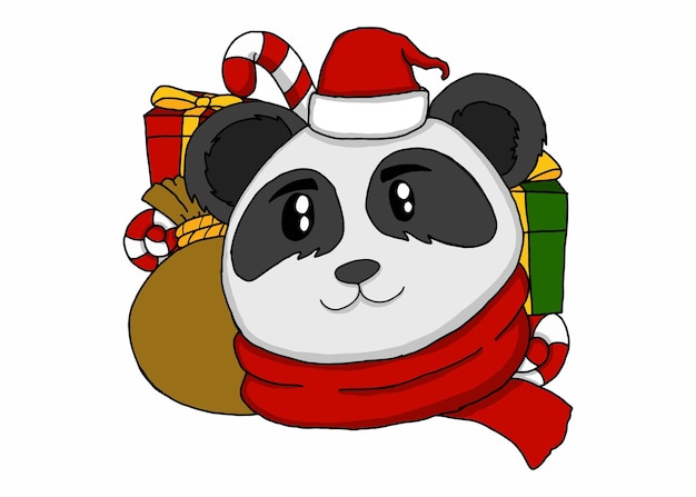 Vector panda de navidad rodeado de regalos y dulces